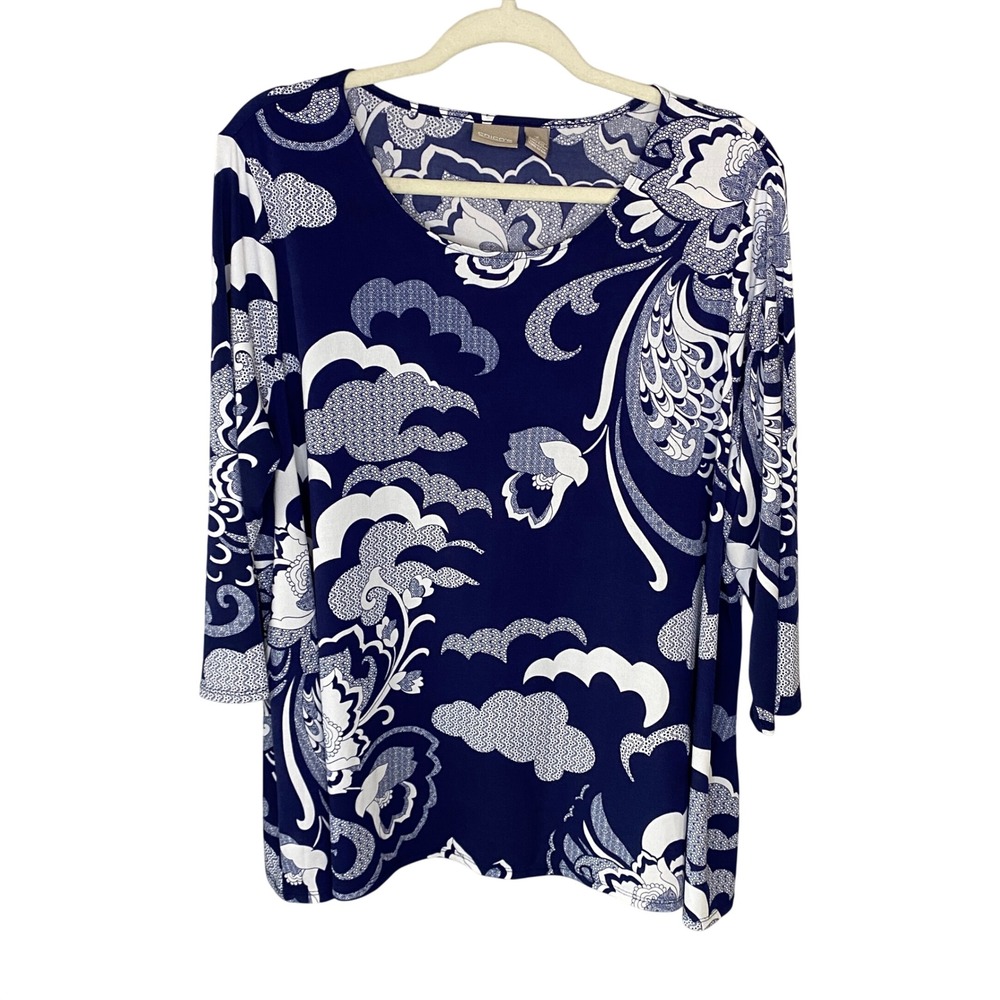 Chicos Navy Blue White Floral Paisley Print‎ 3/4 Sleeve Knit Top Size 3 XL